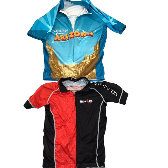 Lot of Two Men's Athletic Cycling Jersey Shirt M/L Red Blue Short Sleeve Zoot - Picture 1 of 16